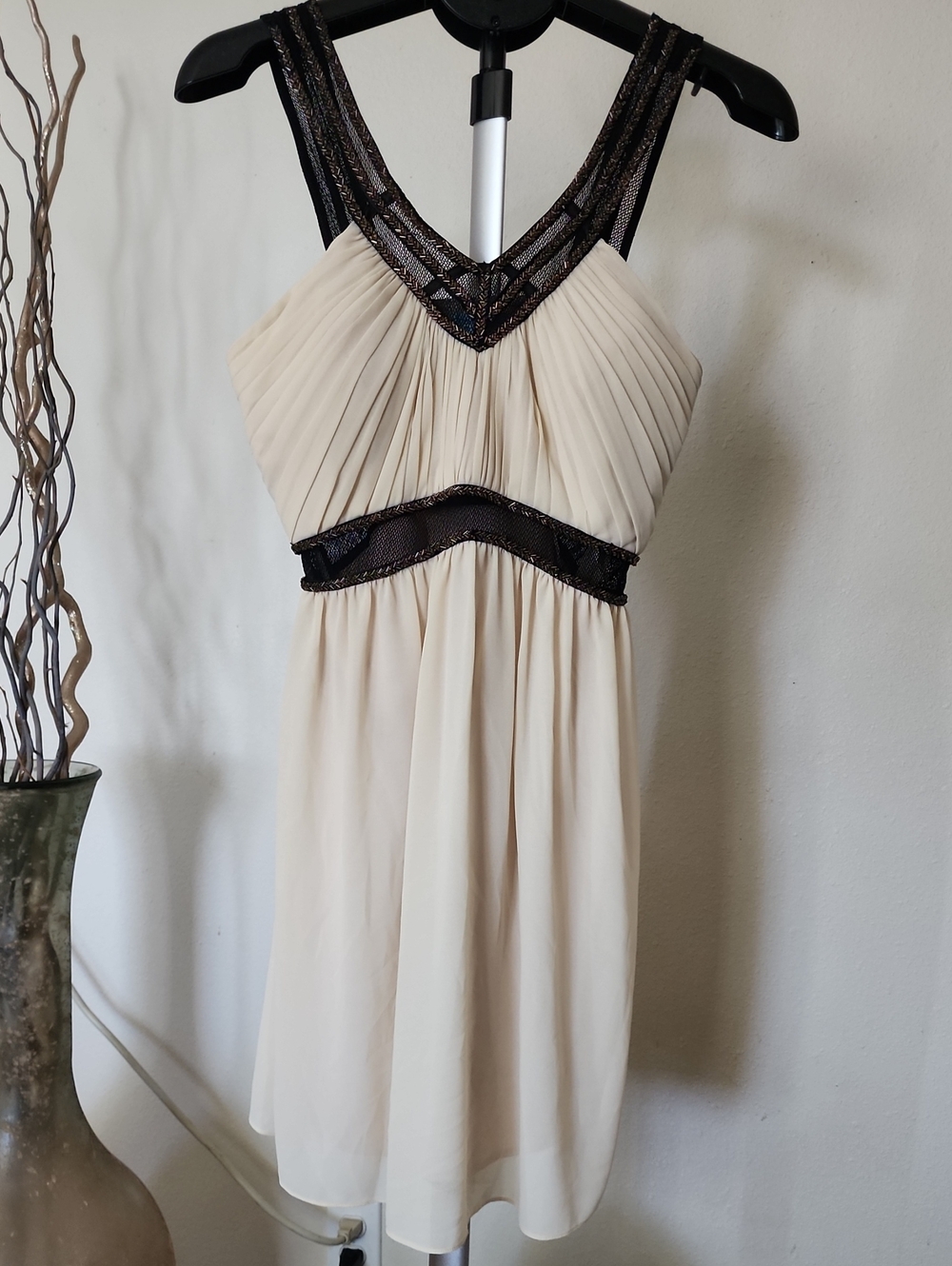 Minuet Petite Ivory Midi Dress with Black and Gold Trim